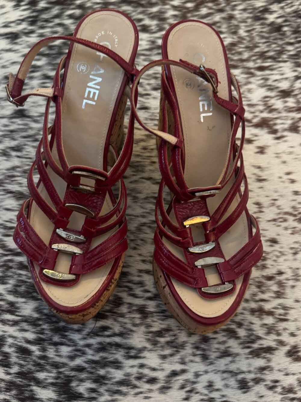 Chanel Red Patent Leather Cork Platform Wedge Gladiator Sandals 37